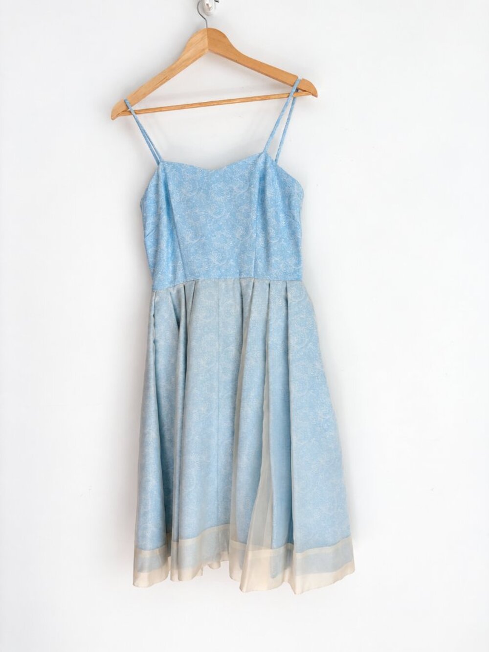 1960s Vintage Blue Floral Brocade Sheer Overlay Party Dress XS